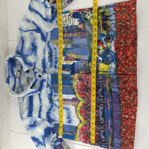 TAKE TWO Colorful Cityscape Denim Jacket WOMENS SIZE LARGE W/POCKETS 100% COTTON - Picture 12 of 16